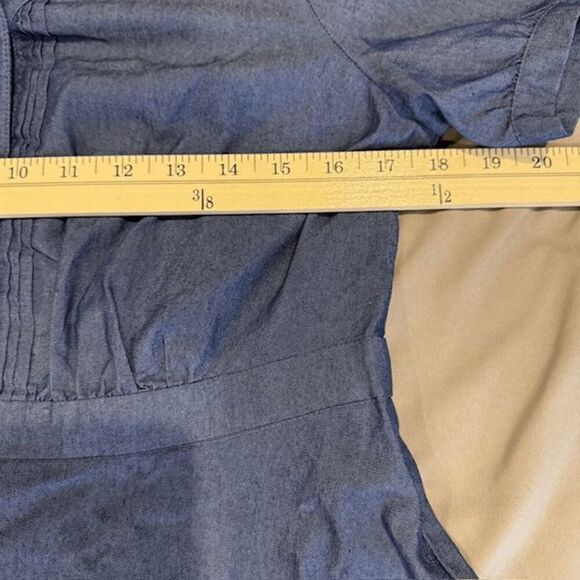 Allegra K Chambray Mini Dress Short Puff Sleeve Pintucks Button Front Size Small - Picture 8 of 11